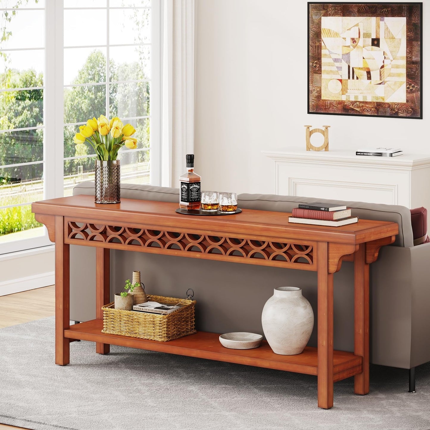 Table console longue de 179,5 cm en bois massif style farmhouse, à placer devant le canapé