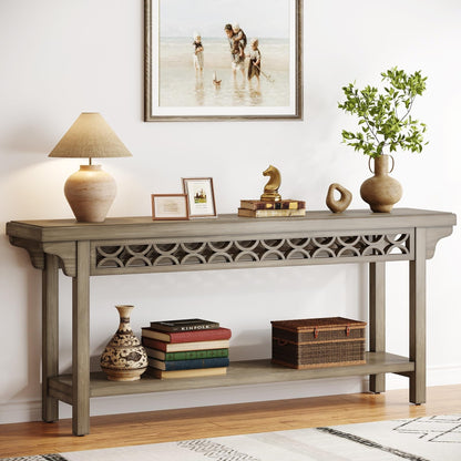 Table console longue de 179,5 cm en bois massif style farmhouse, à placer devant le canapé