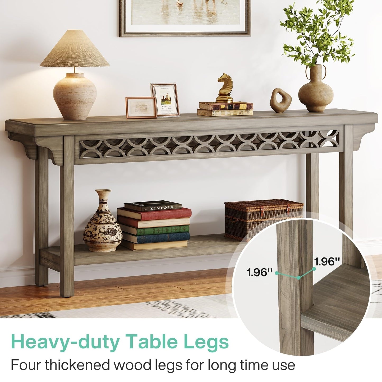 Table console longue de 179,5 cm en bois massif style farmhouse, à placer devant le canapé