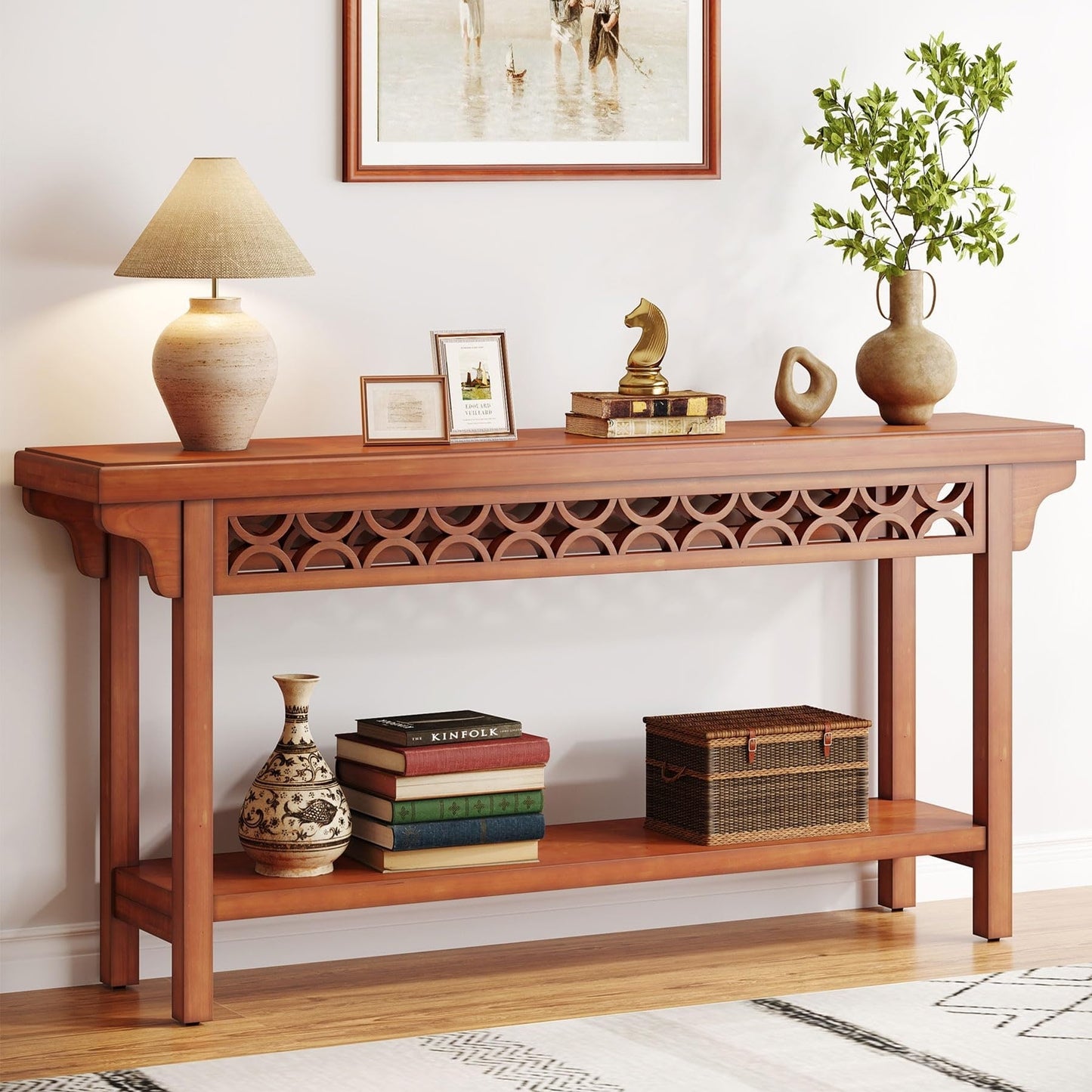 Table console longue de 179,5 cm en bois massif style farmhouse, à placer devant le canapé