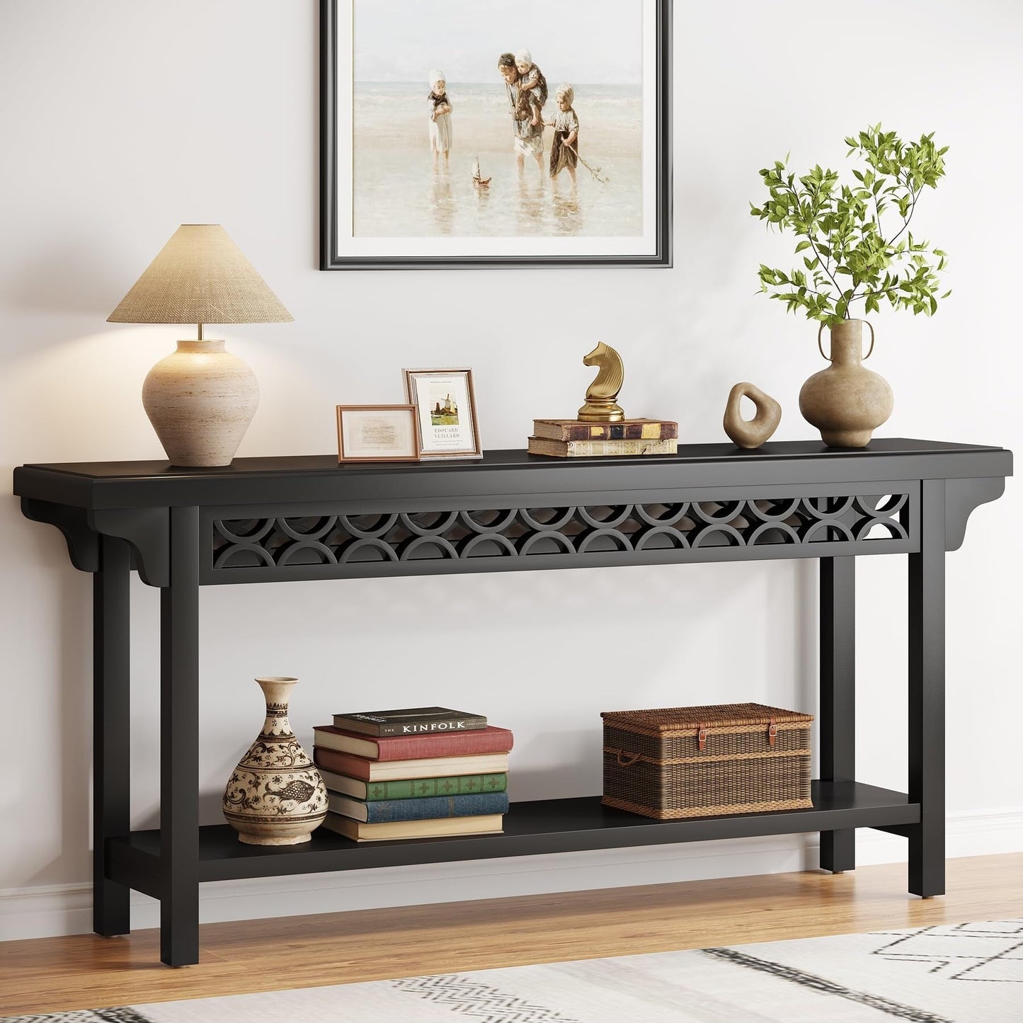 Table console longue de 179,5 cm en bois massif style farmhouse, à placer devant le canapé