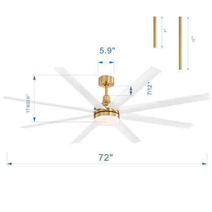 Grand ventilateur de plafond de 72 pouces avec éclairage LED, télécommande et 8 pales.