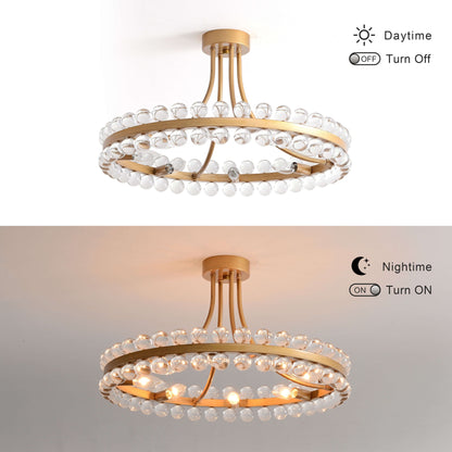 Suspension semi-encastrée Elvira à 8 lumières en forme de roue de chariot avec cristaux