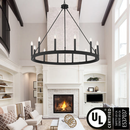 Suspension Acroma à 12 lumières, style ferme, 40 pouces, en forme de roue de charrette, avec certification UL - 40'' de diamètre x 138'' de hauteur