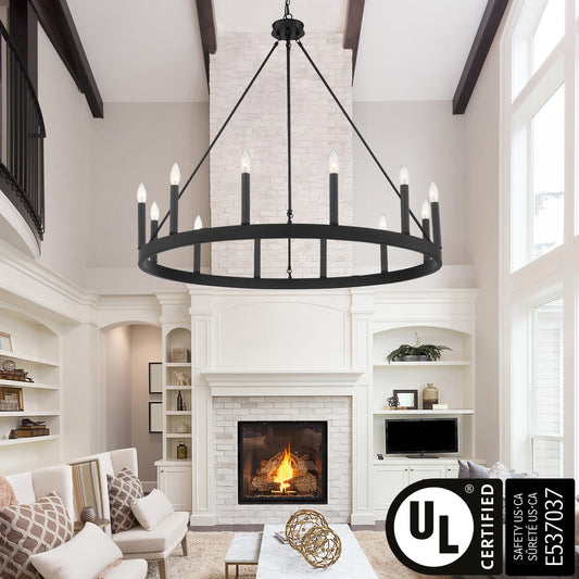 Suspension Acroma à 12 lumières, style ferme, 40 pouces, en forme de roue de charrette, avec certification UL - 40'' de diamètre x 138'' de hauteur