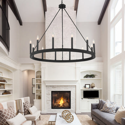 Suspension Acroma à 12 lumières, style ferme, 40 pouces, en forme de roue de charrette, avec certification UL - 40'' de diamètre x 138'' de hauteur