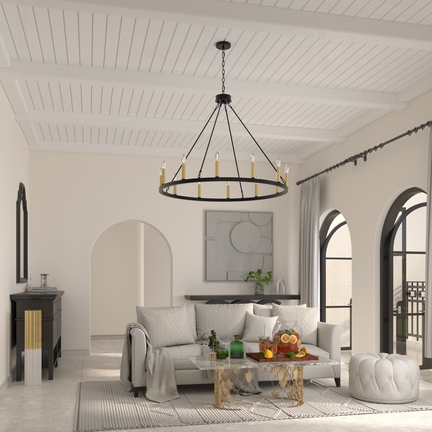 Suspension Acroma à 12 lumières, style ferme, 40 pouces, en forme de roue de charrette, avec certification UL - 40'' de diamètre x 138'' de hauteur
