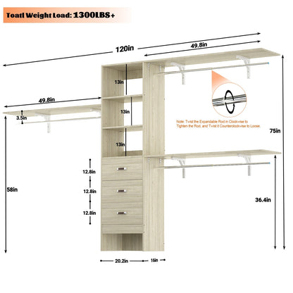 Rackcog Organisateur de placard réglable de 305 cm avec tiroirs, système de rangement avec étagères à assembler soi-même pour placard à l'italienne et placard à porte coulissante.