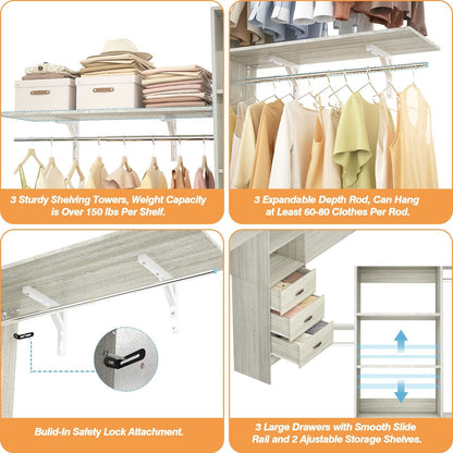 Rackcog Organisateur de placard réglable de 305 cm avec tiroirs, système de rangement avec étagères à assembler soi-même pour placard à l'italienne et placard à porte coulissante.