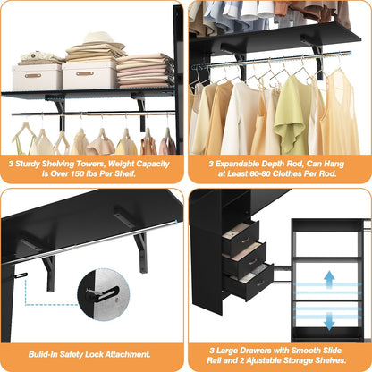 Rackcog Organisateur de placard réglable de 305 cm avec tiroirs, système de rangement avec étagères à assembler soi-même pour placard à l'italienne et placard à porte coulissante.