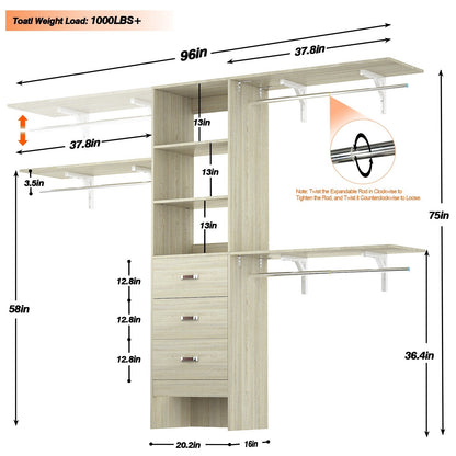 Rackcog Organisateur de placard réglable de 305 cm avec tiroirs, système de rangement avec étagères à assembler soi-même pour placard à l'italienne et placard à porte coulissante.