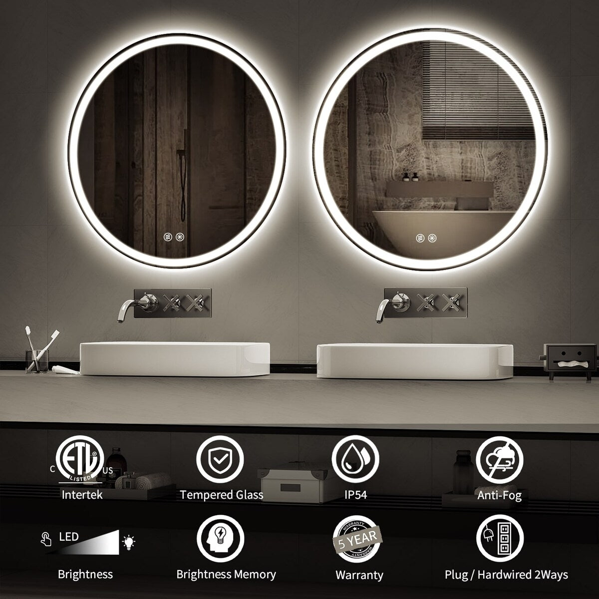 Miroir de coiffure rond sans cadre, à éclairage LED, avec fonction de gradation et anti-buée.