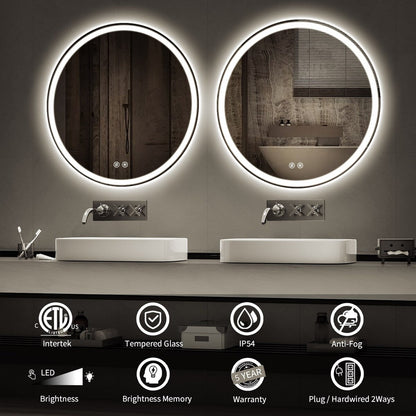 Miroir de coiffure rond sans cadre, à éclairage LED, avec fonction de gradation et anti-buée.