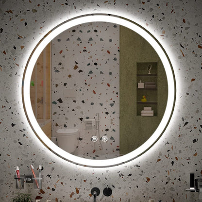 Miroir de coiffure rond sans cadre, à éclairage LED, avec fonction de gradation et anti-buée.