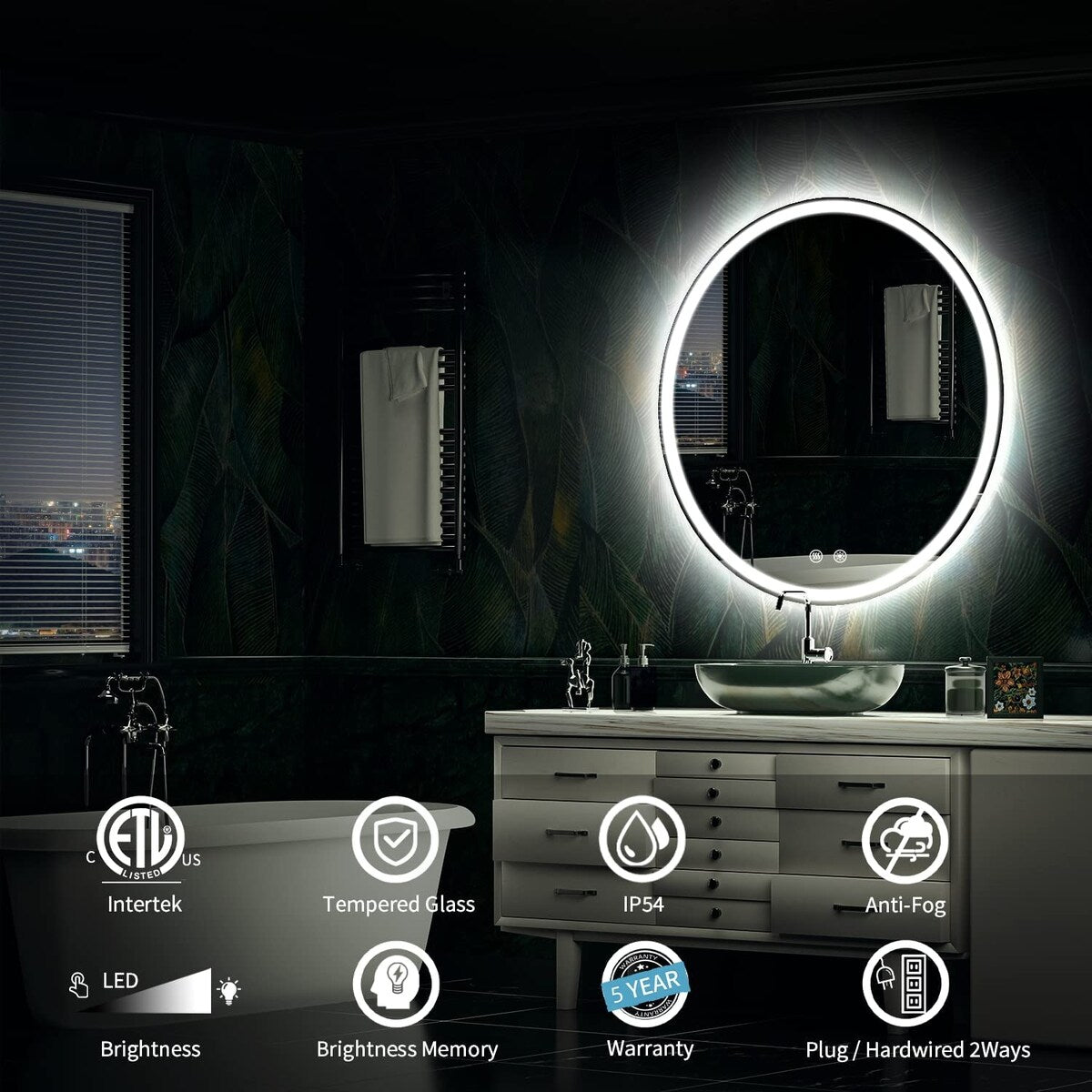 Miroir de coiffure rond sans cadre, à éclairage LED, avec fonction de gradation et anti-buée.