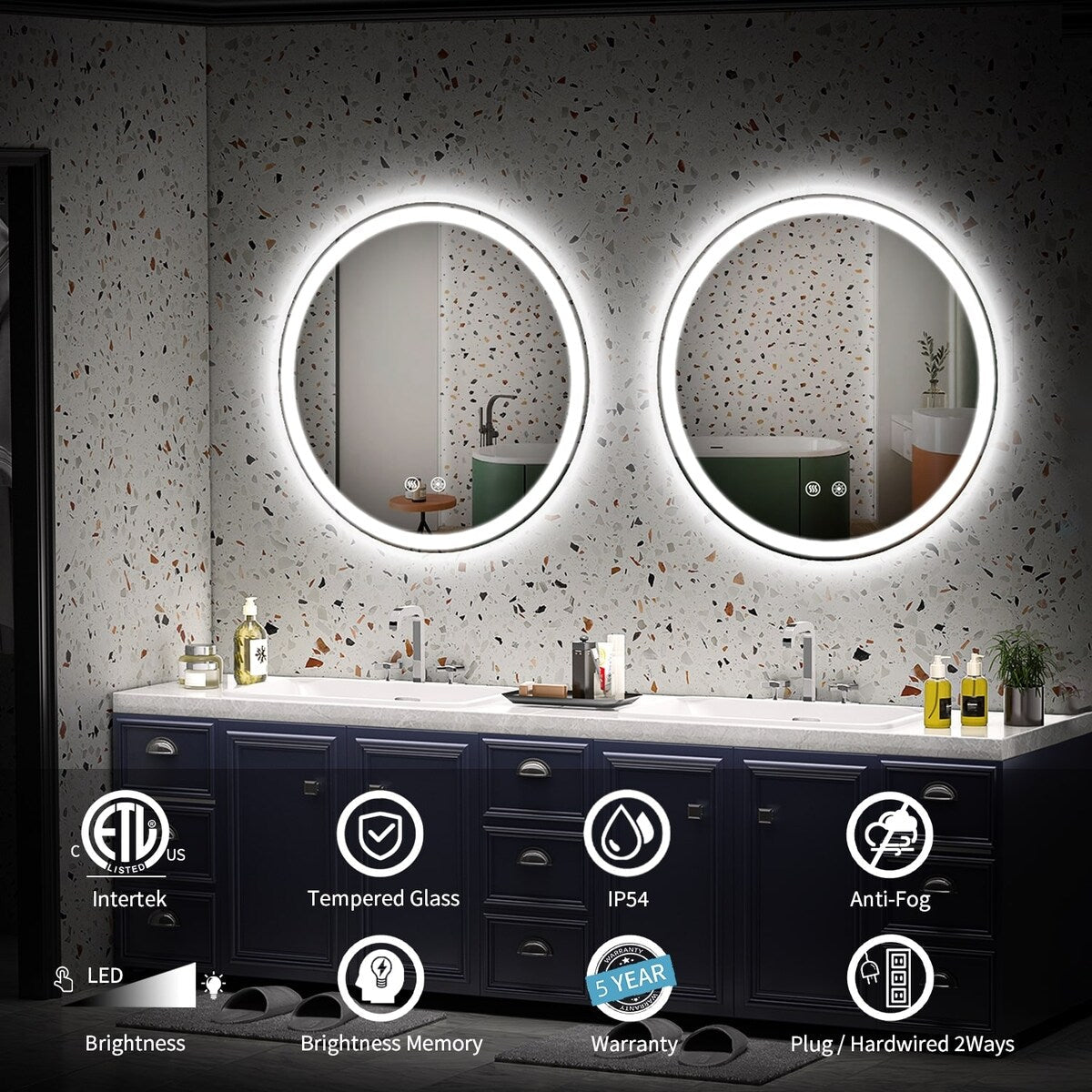 Miroir de coiffure rond sans cadre, à éclairage LED, avec fonction de gradation et anti-buée.
