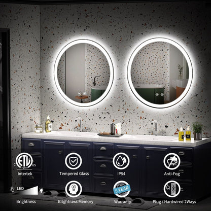 Miroir de coiffure rond sans cadre, à éclairage LED, avec fonction de gradation et anti-buée.