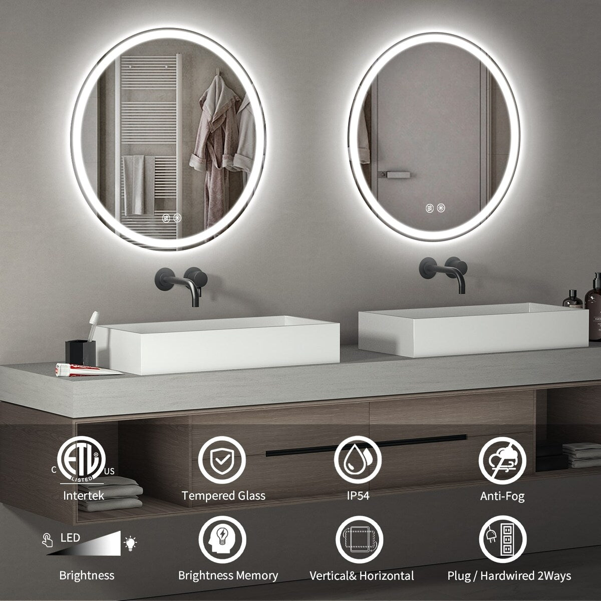 Miroir de coiffure rond sans cadre, à éclairage LED, avec fonction de gradation et anti-buée.