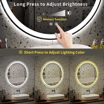 Miroir de coiffure rond sans cadre, à éclairage LED, avec fonction de gradation et anti-buée.
