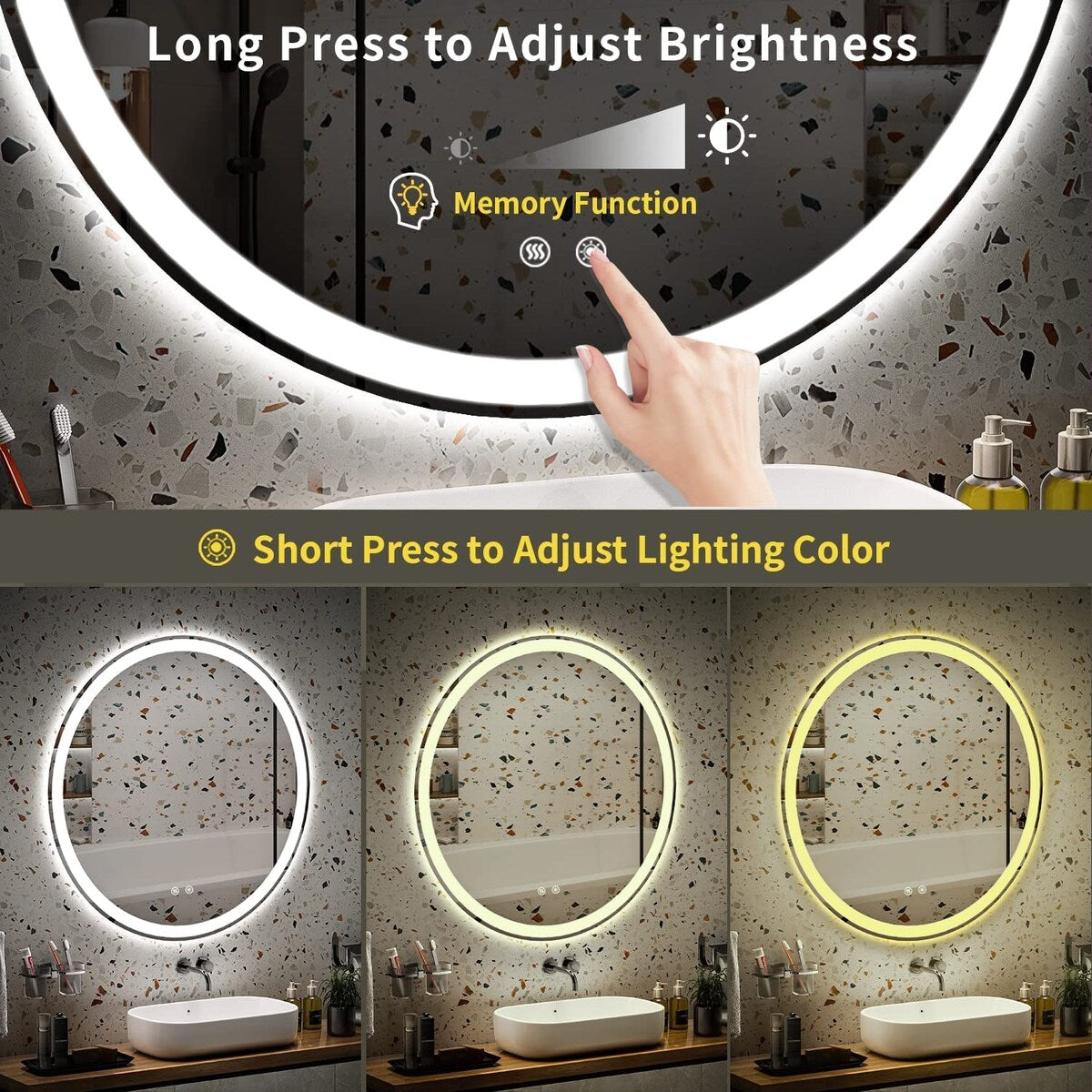 Miroir de coiffure rond sans cadre, à éclairage LED, avec fonction de gradation et anti-buée.
