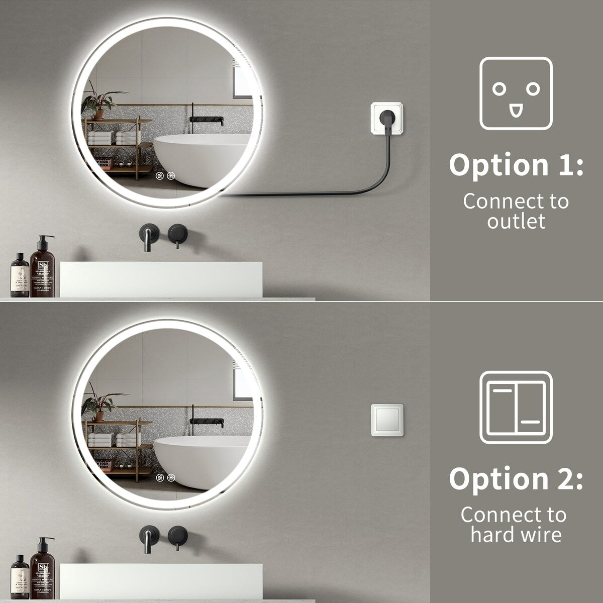 Miroir de coiffure rond sans cadre, à éclairage LED, avec fonction de gradation et anti-buée.