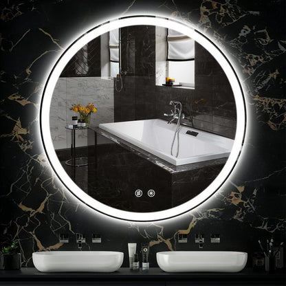 Miroir de coiffure rond sans cadre, à éclairage LED, avec fonction de gradation et anti-buée.