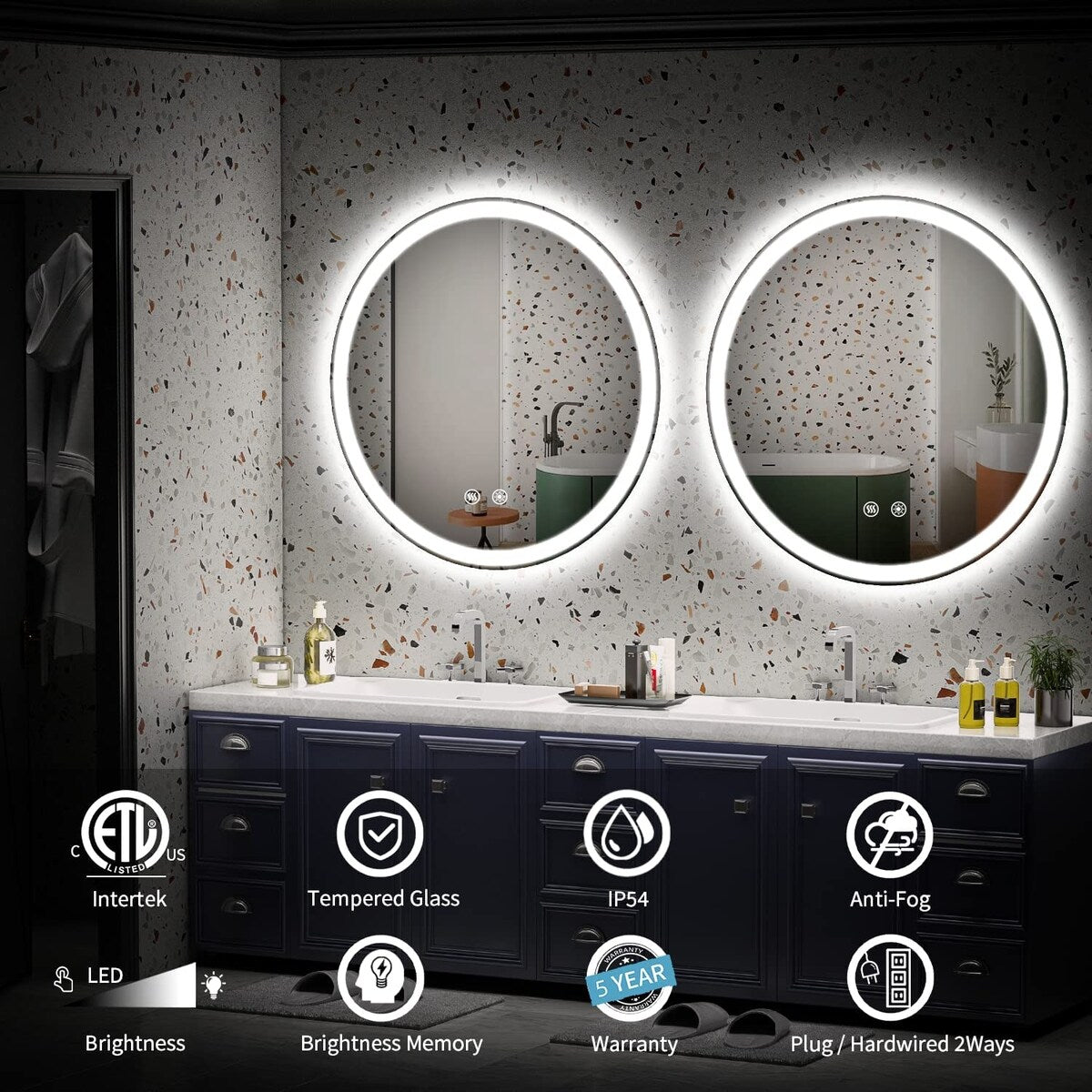 Miroir de coiffure rond sans cadre, à éclairage LED, avec fonction de gradation et anti-buée.