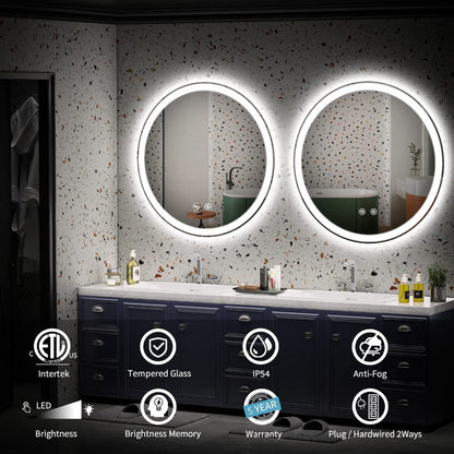 Miroir de coiffure rond sans cadre, à éclairage LED, avec fonction de gradation et anti-buée.