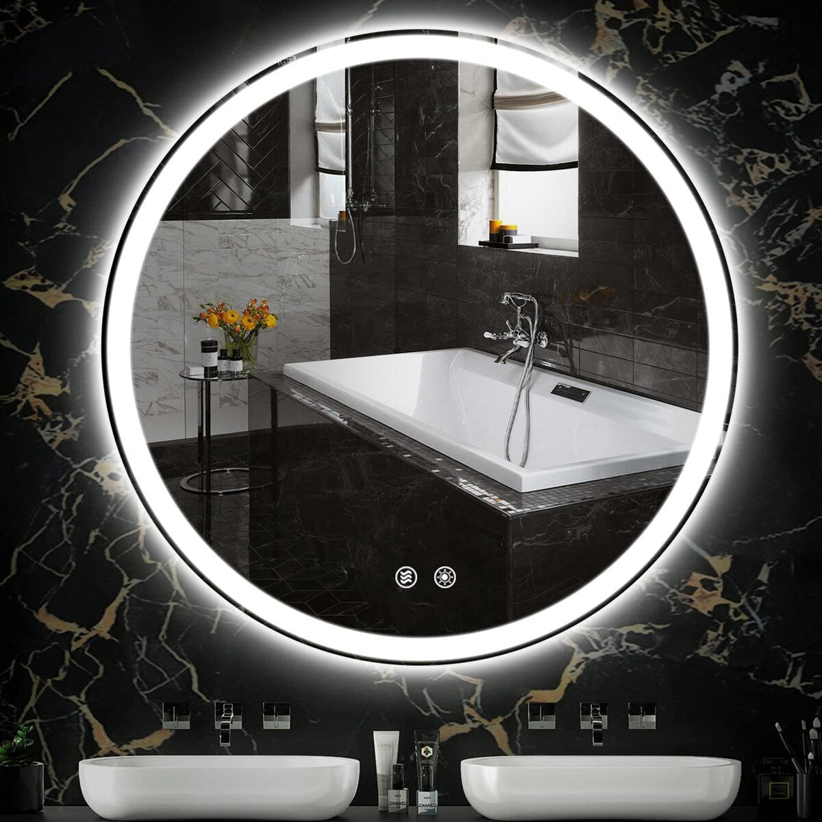 Miroir de coiffure rond sans cadre, à éclairage LED, avec fonction de gradation et anti-buée.