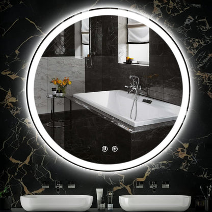 Miroir de coiffure rond sans cadre, à éclairage LED, avec fonction de gradation et anti-buée.