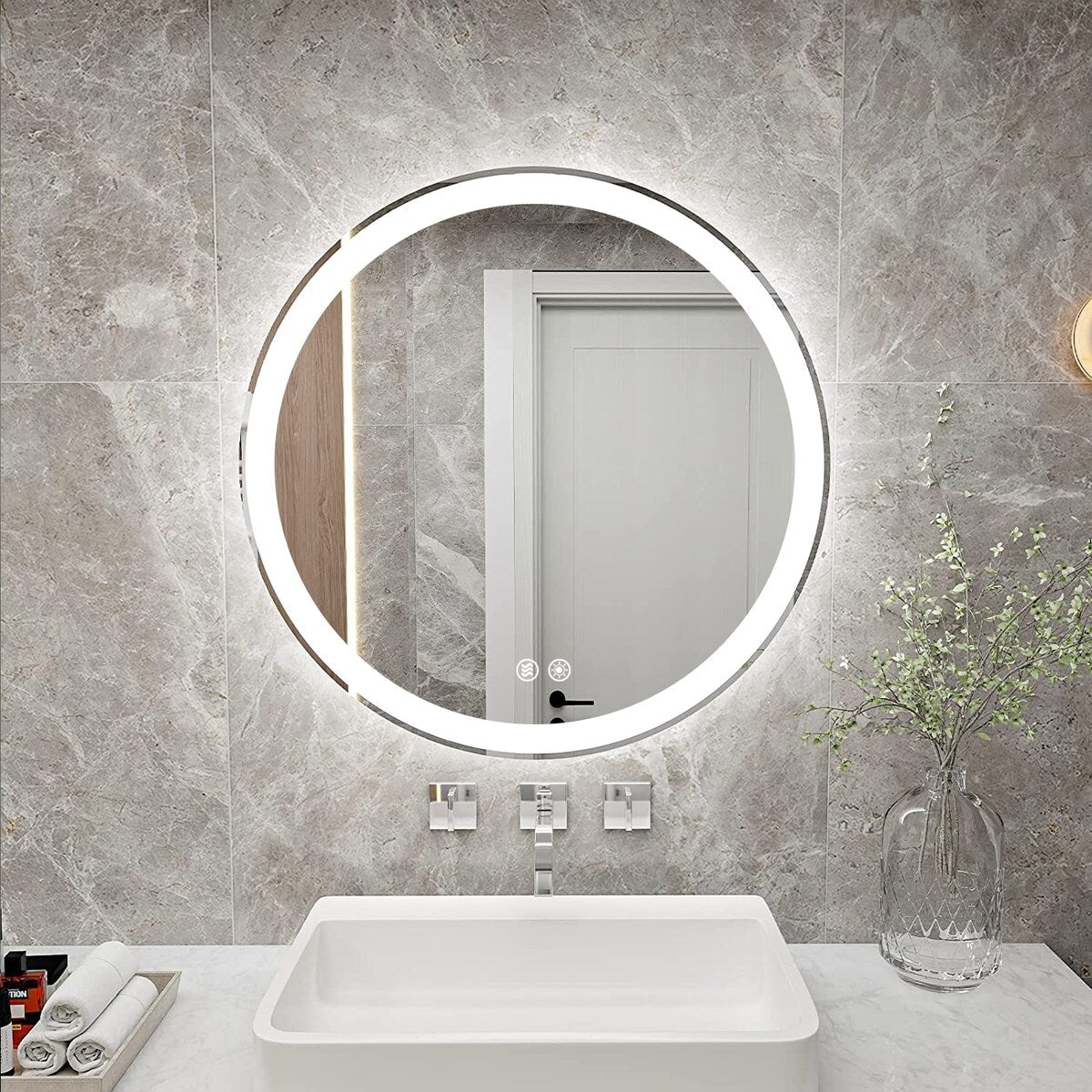Miroir de coiffure rond sans cadre, à éclairage LED, avec fonction de gradation et anti-buée.
