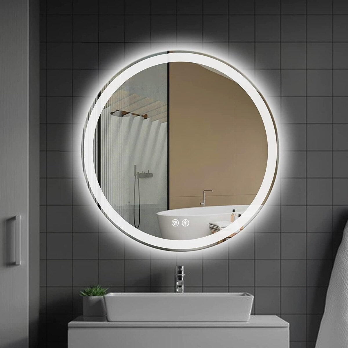 Miroir de coiffure rond sans cadre, à éclairage LED, avec fonction de gradation et anti-buée.