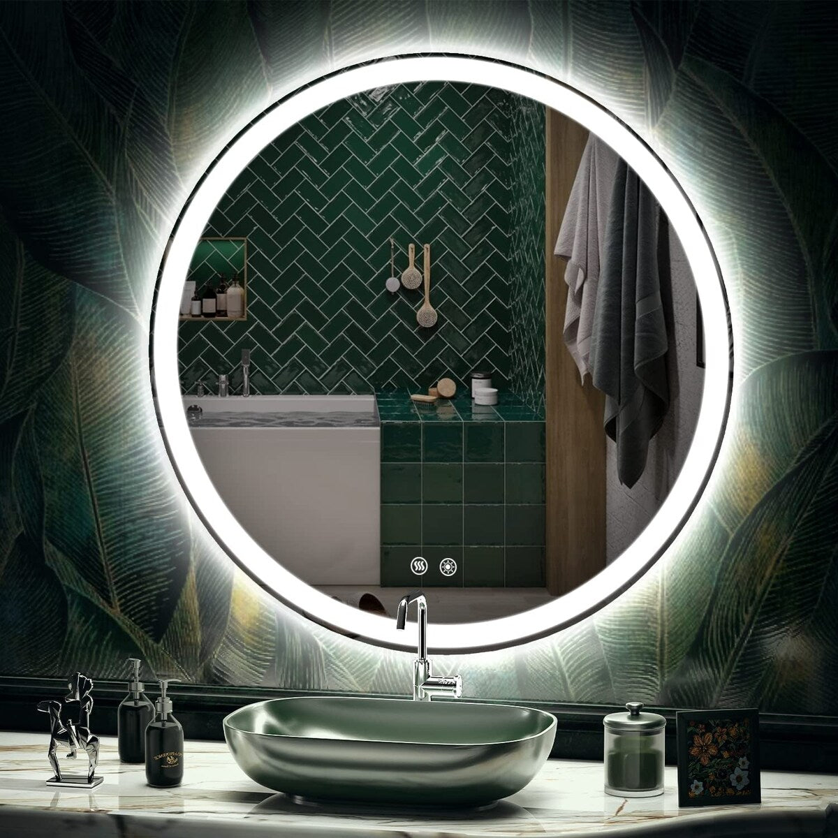 Miroir de coiffure rond sans cadre, à éclairage LED, avec fonction de gradation et anti-buée.