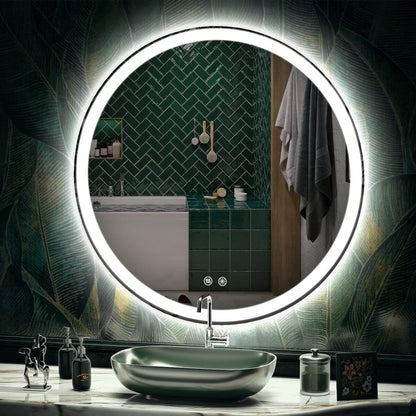 Miroir de coiffure rond sans cadre, à éclairage LED, avec fonction de gradation et anti-buée.