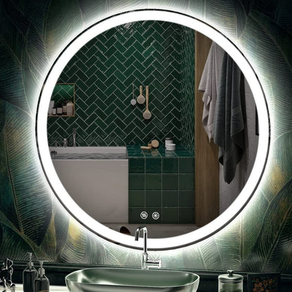Miroir de coiffure rond sans cadre, à éclairage LED, avec fonction de gradation et anti-buée.