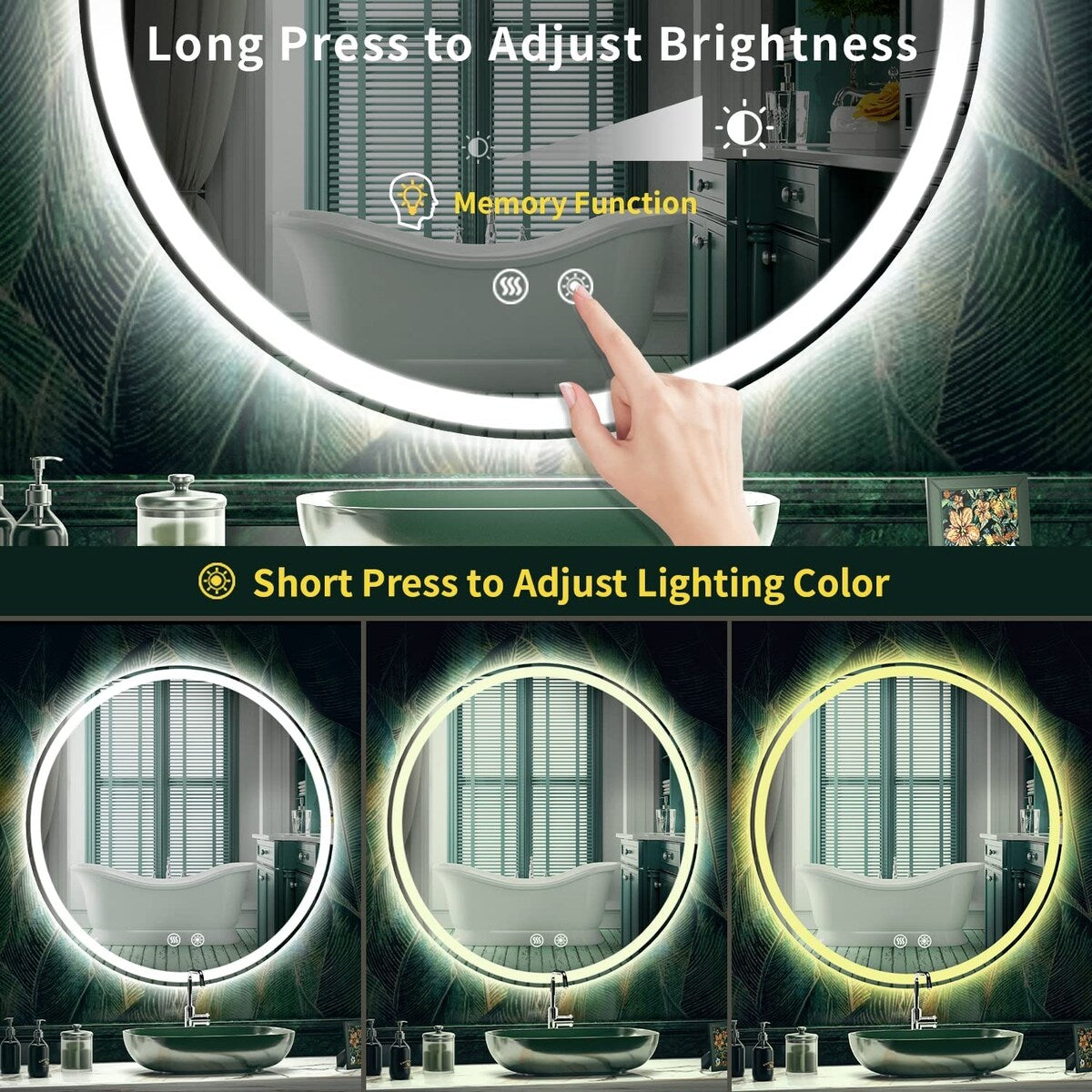 Miroir de coiffure rond sans cadre, à éclairage LED, avec fonction de gradation et anti-buée.