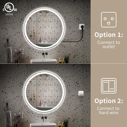Miroir de coiffure rond sans cadre, à éclairage LED, avec fonction de gradation et anti-buée.