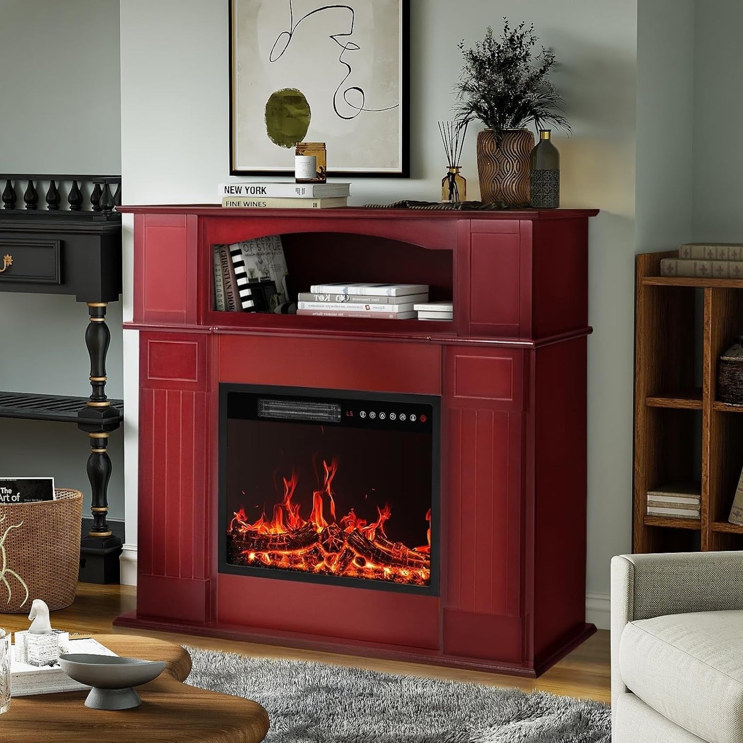 BOSSIN Cheminée électrique 43 pouces avec manteau de cheminée, insert de cheminée électrique 23 pouces, meuble TV indépendant avec foyer en bois