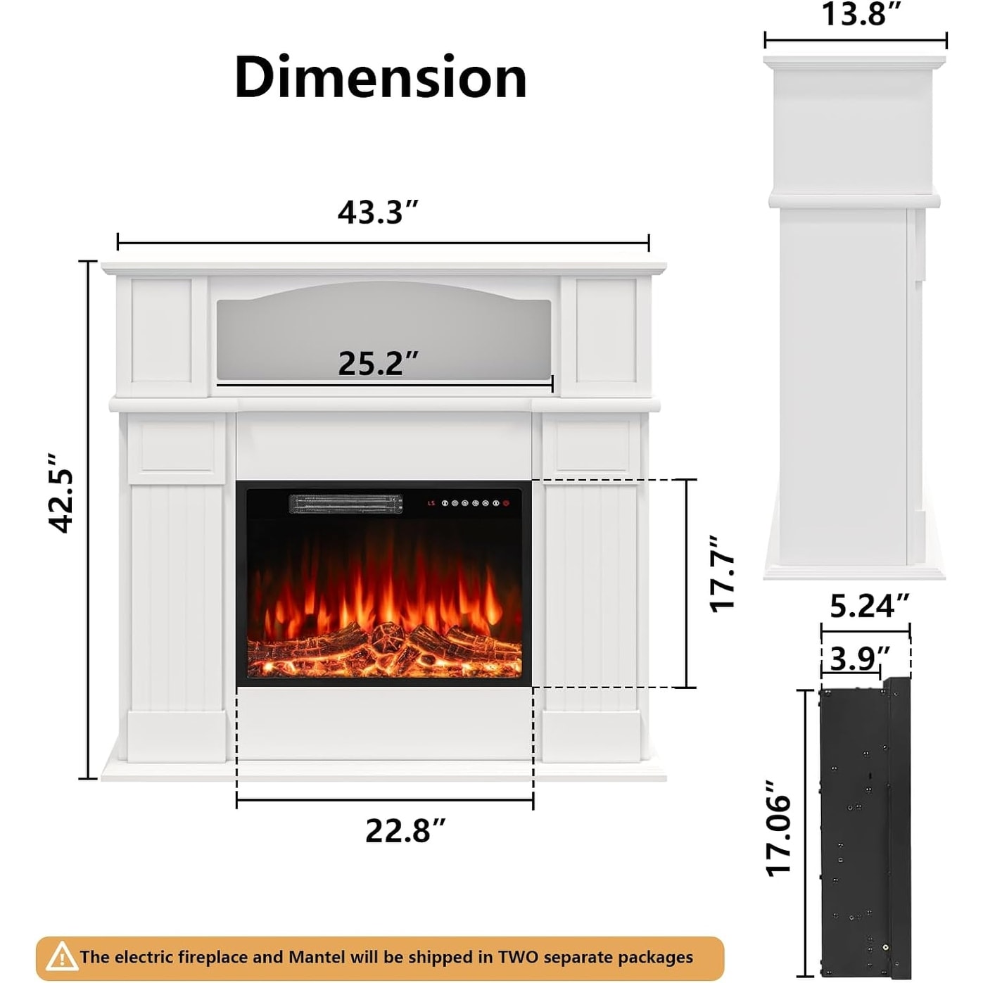 BOSSIN Cheminée électrique 43 pouces avec manteau de cheminée, insert de cheminée électrique 23 pouces, meuble TV indépendant avec foyer en bois