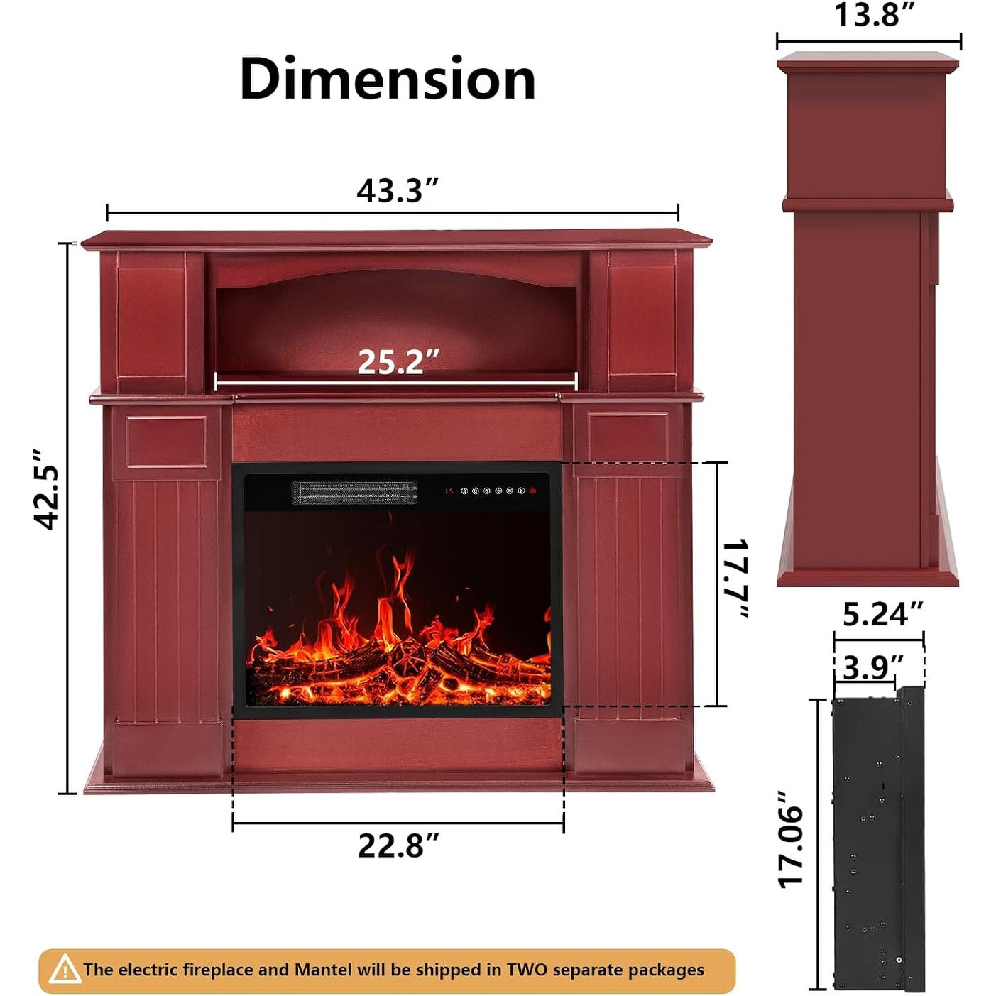 BOSSIN Cheminée électrique 43 pouces avec manteau de cheminée, insert de cheminée électrique 23 pouces, meuble TV indépendant avec foyer en bois