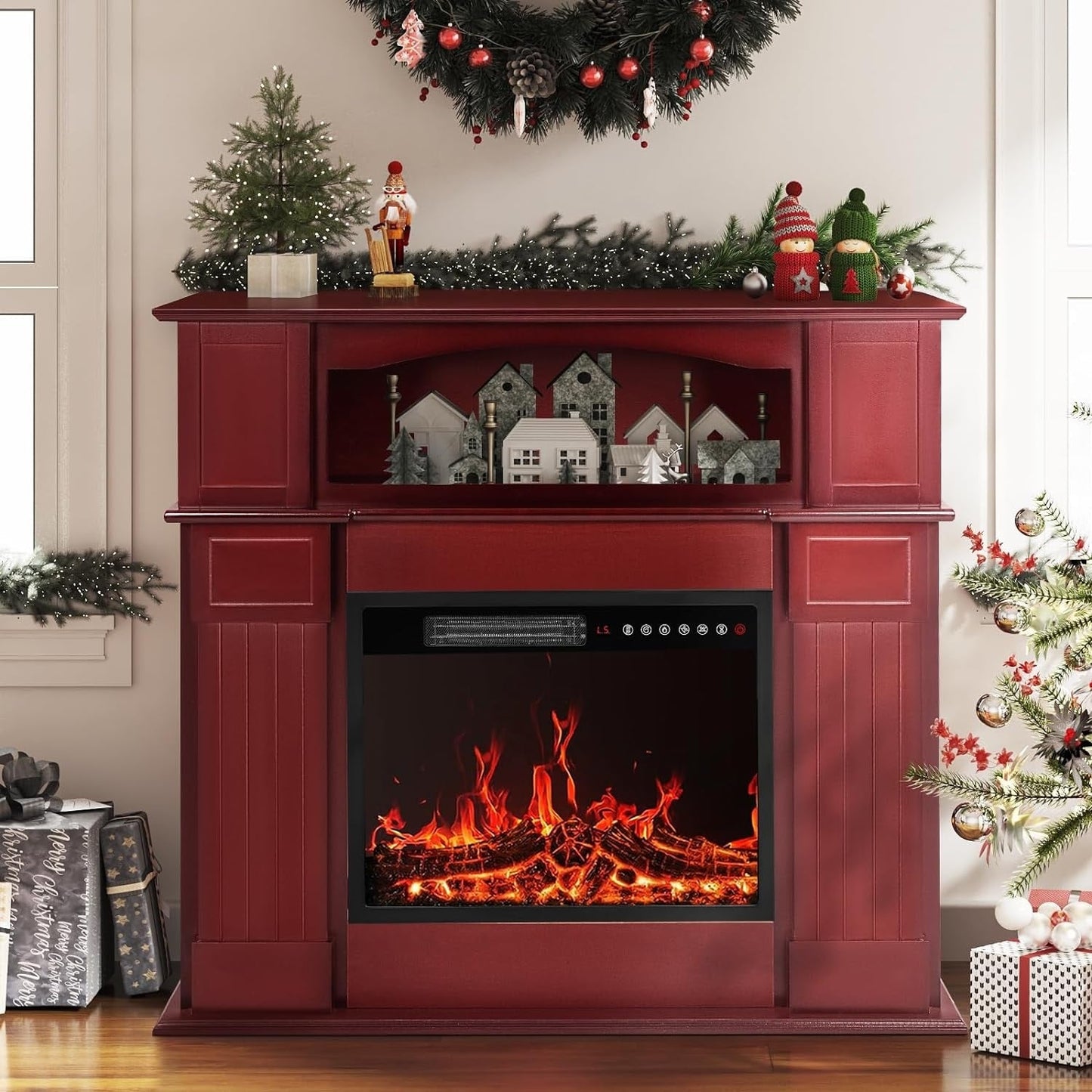 BOSSIN Cheminée électrique 43 pouces avec manteau de cheminée, insert de cheminée électrique 23 pouces, meuble TV indépendant avec foyer en bois