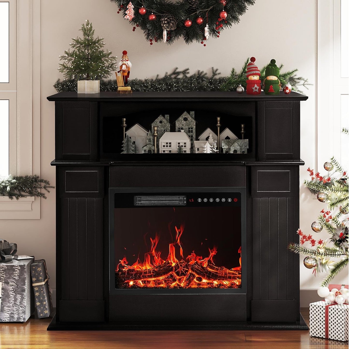 BOSSIN Cheminée électrique 43 pouces avec manteau de cheminée, insert de cheminée électrique 23 pouces, meuble TV indépendant avec foyer en bois