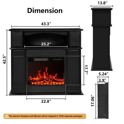 BOSSIN Cheminée électrique 43 pouces avec manteau de cheminée, insert de cheminée électrique 23 pouces, meuble TV indépendant avec foyer en bois