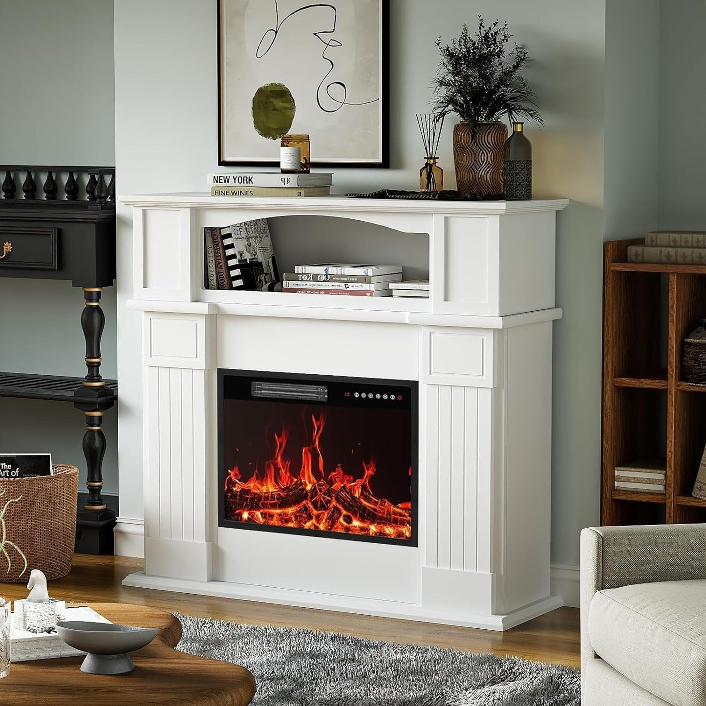 BOSSIN Cheminée électrique 43 pouces avec manteau de cheminée, insert de cheminée électrique 23 pouces, meuble TV indépendant avec foyer en bois
