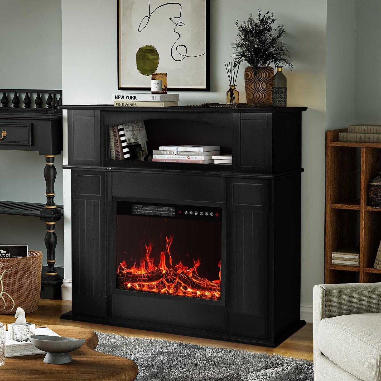BOSSIN Cheminée électrique 43 pouces avec manteau de cheminée, insert de cheminée électrique 23 pouces, meuble TV indépendant avec foyer en bois