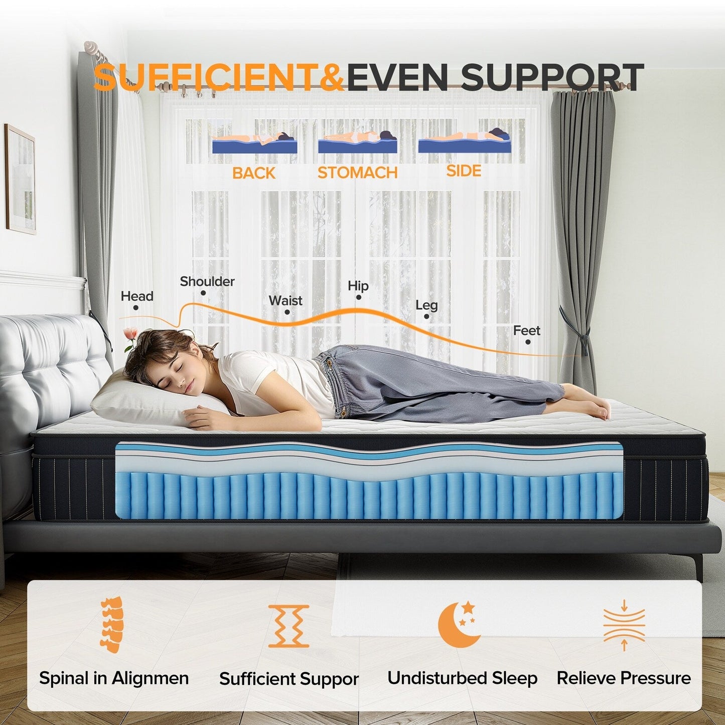 Matelas hybride SweDrea de 30 cm (12 po) avec mousse à mémoire de forme au gel, surcouche de coussin moyenne et ressorts, certifié CertiPUR-US, SGS et OEKO-TEX.