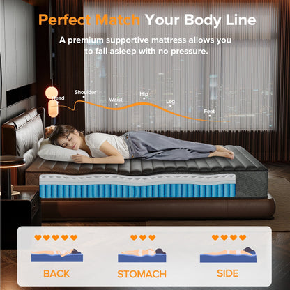 Matelas hybride en mousse à mémoire de forme avec gel, 8/12 pouces, fermeté moyenne, respirant et rafraîchissant, certifié CertiPUR-US, SGS et OEKO-TEX.