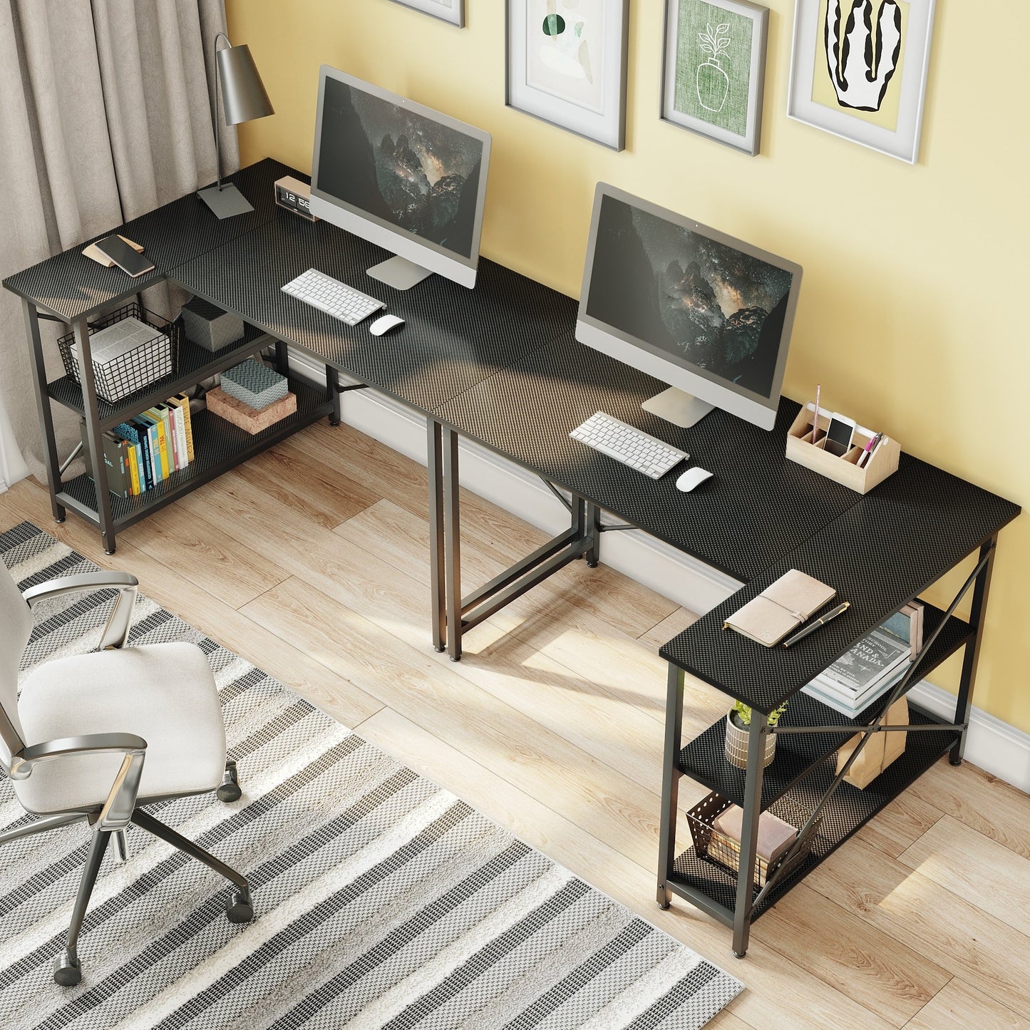 Bureau en forme de L avec étagères de rangement, bureau d'ordinateur d'angle.