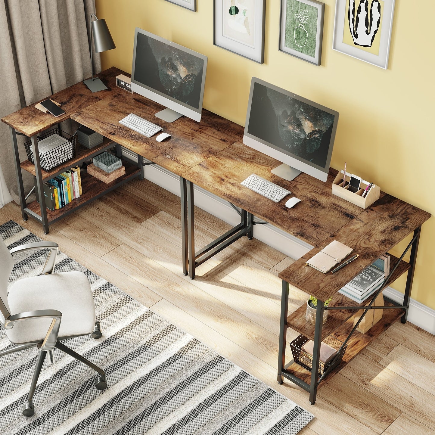 Bureau en forme de L avec étagères de rangement, bureau d'ordinateur d'angle.