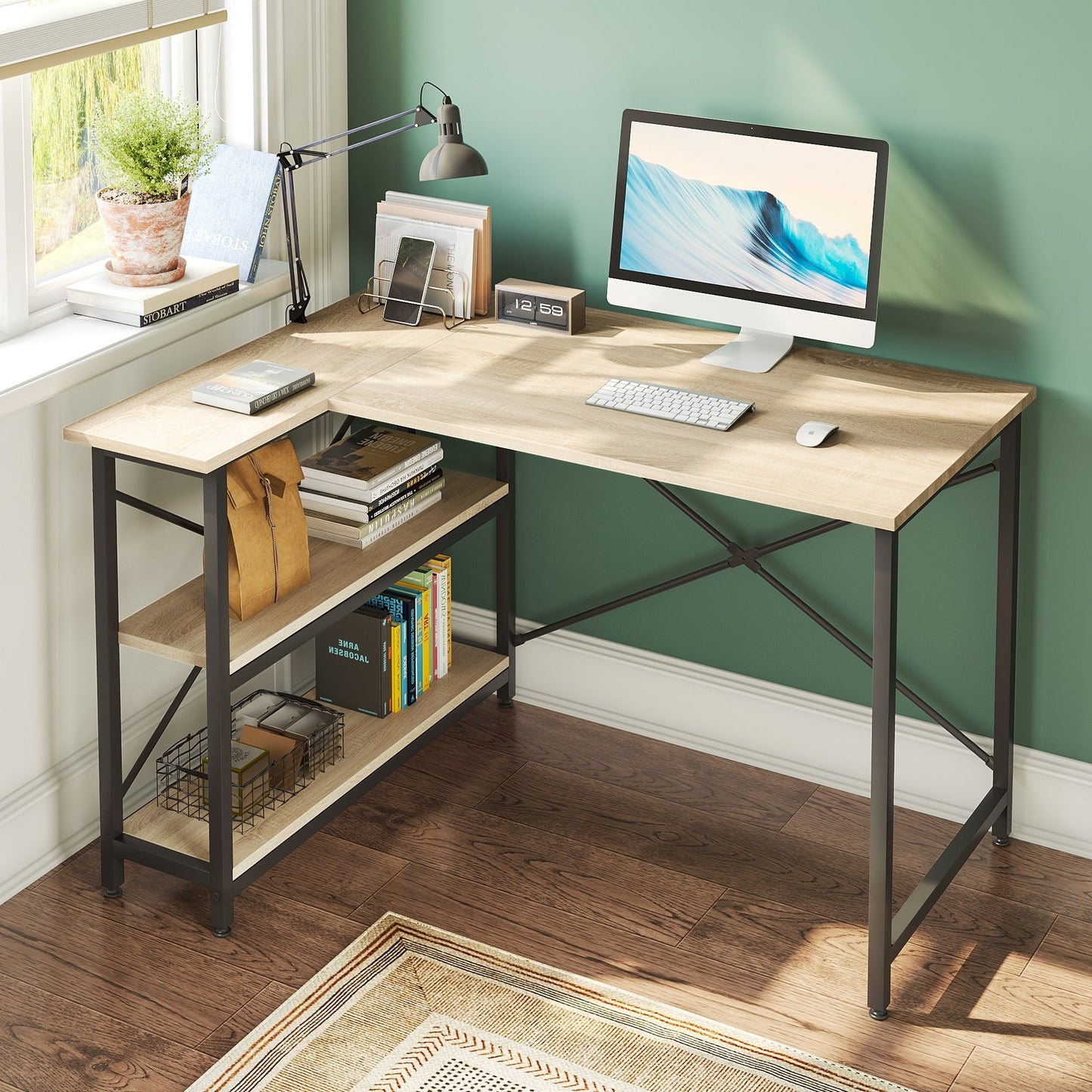 Bureau en forme de L avec étagères de rangement, bureau d'ordinateur d'angle.